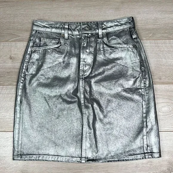 Pilcro and the Letterpress Silver Metallic Denim Mini Skirt Size 6 - Picture 2 of 9